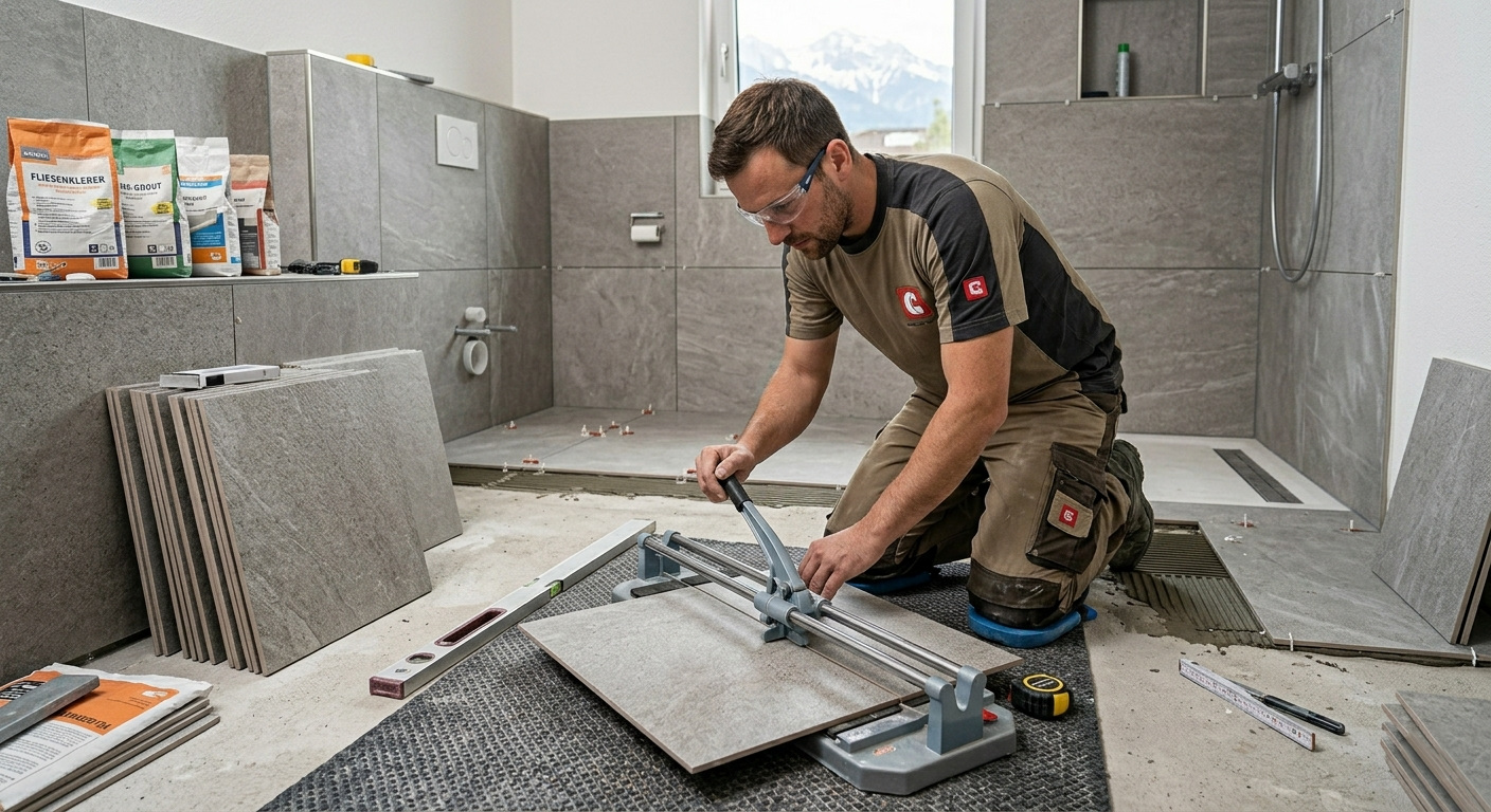 Tile setter at work